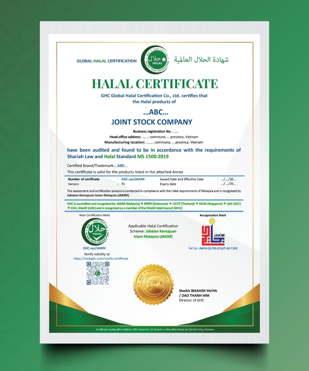 Mẫu chứng nhận Halal GHC cấp cho doanh nghiệp